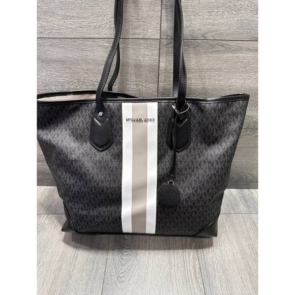 Michael Kors Eva Large Logo Stripe Tote Bag in Black White - Picture 13 of 16